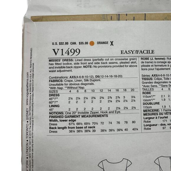 VOGUE Anne Klein Pleated Cap Sleeve Dress Pattern V1499 Size AX5 Uncut Career - Picture 4 of 5